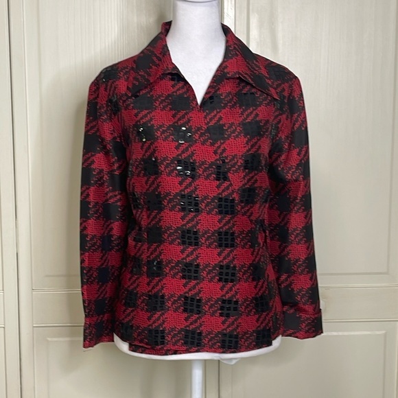 Ice Jackets & Blazers - ICE Women’s Red Buffalo Plaid Silk Wrap Blazer Long Sleeve Size 12